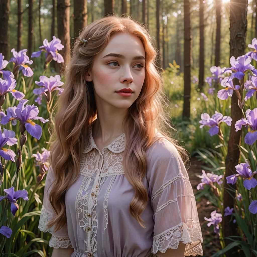 Beautiful Girl with Purple Eyes in Forest, Fantasy Art