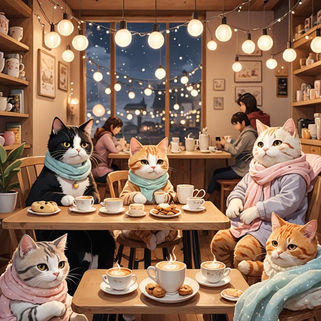 Cozy Anime Cat Cafe Illustration in Kawaii Style