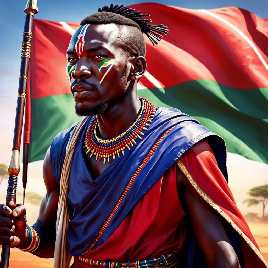 Hyperrealistic Masai Warrior Waving Flag
