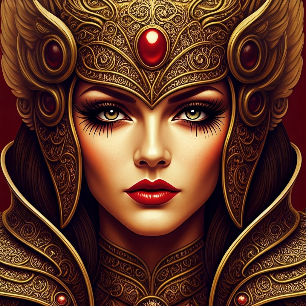 Warrior Goddess with Red Lips, Art Nouveau Style