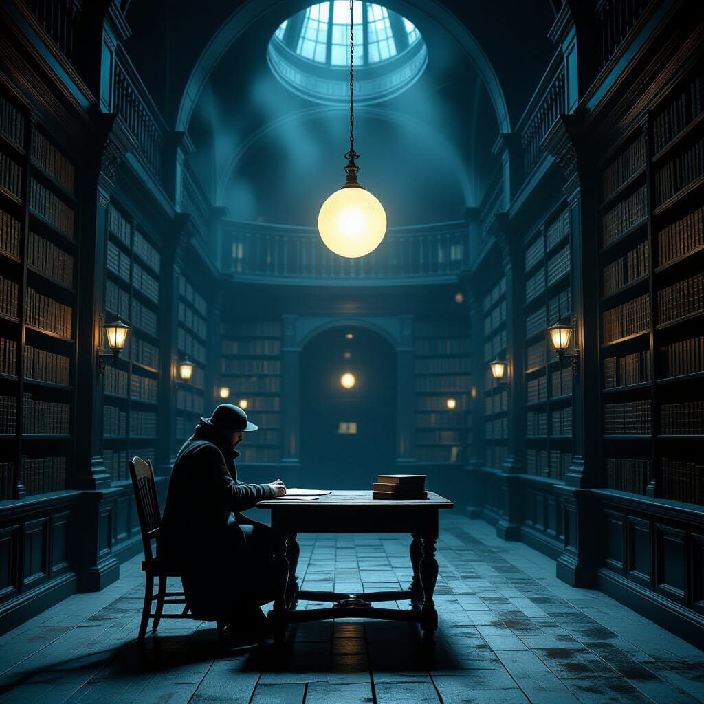 Solitary Figure in Ethereal Library Glow