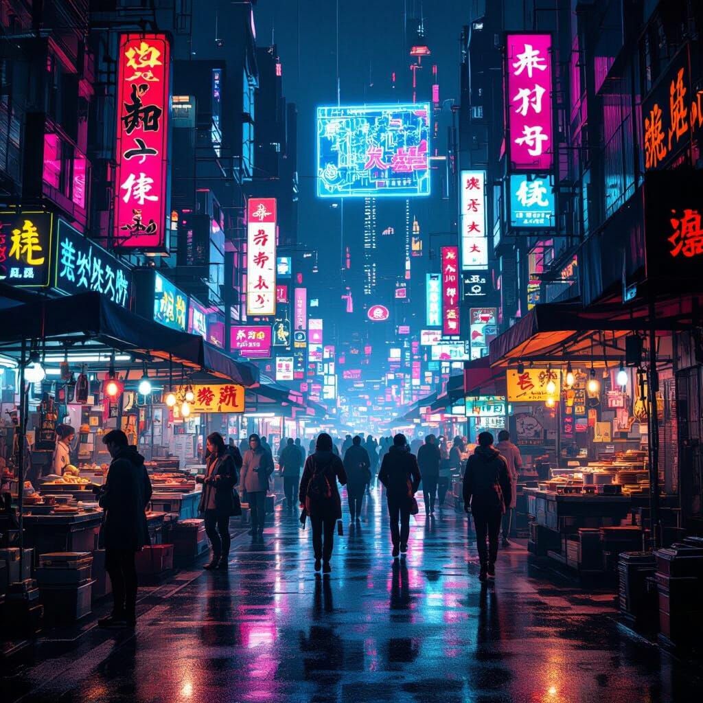 Cyberpunk City Night Market with Neon Reflections