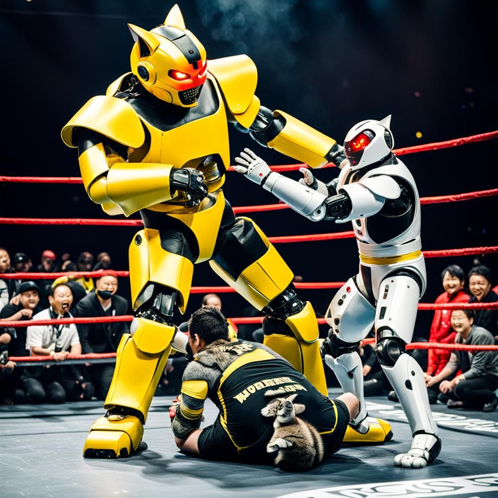 Robot Cat Wrestles Yellow Wrestler in Front of Fans