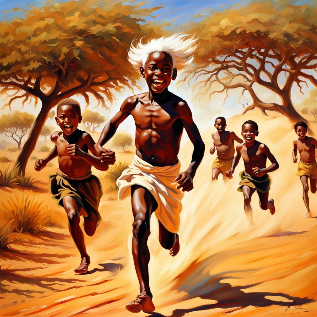 Boy Running in African Desert: Airbrush Art