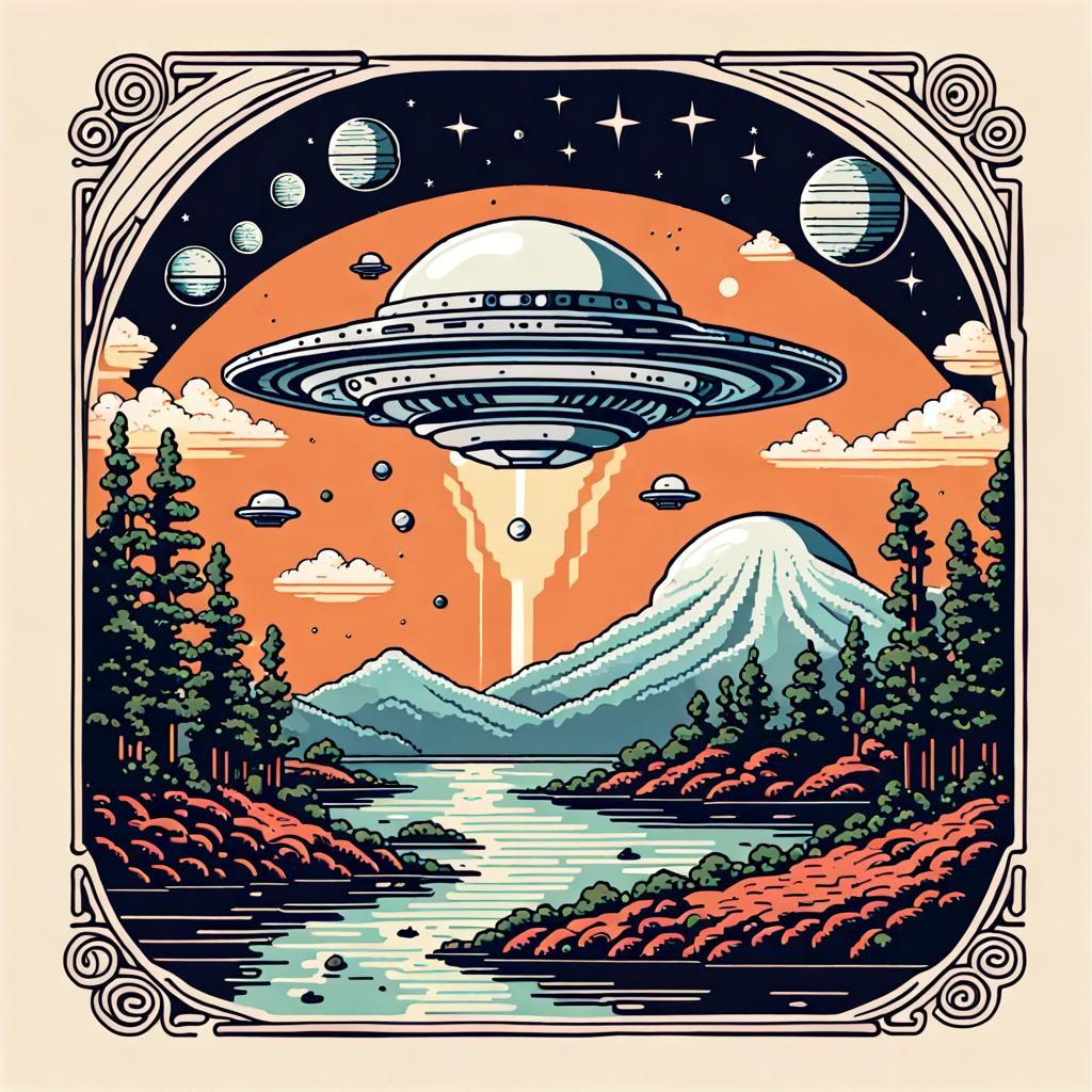 8-bit UFOs Orbiting Moon in Ukiyo-e Style