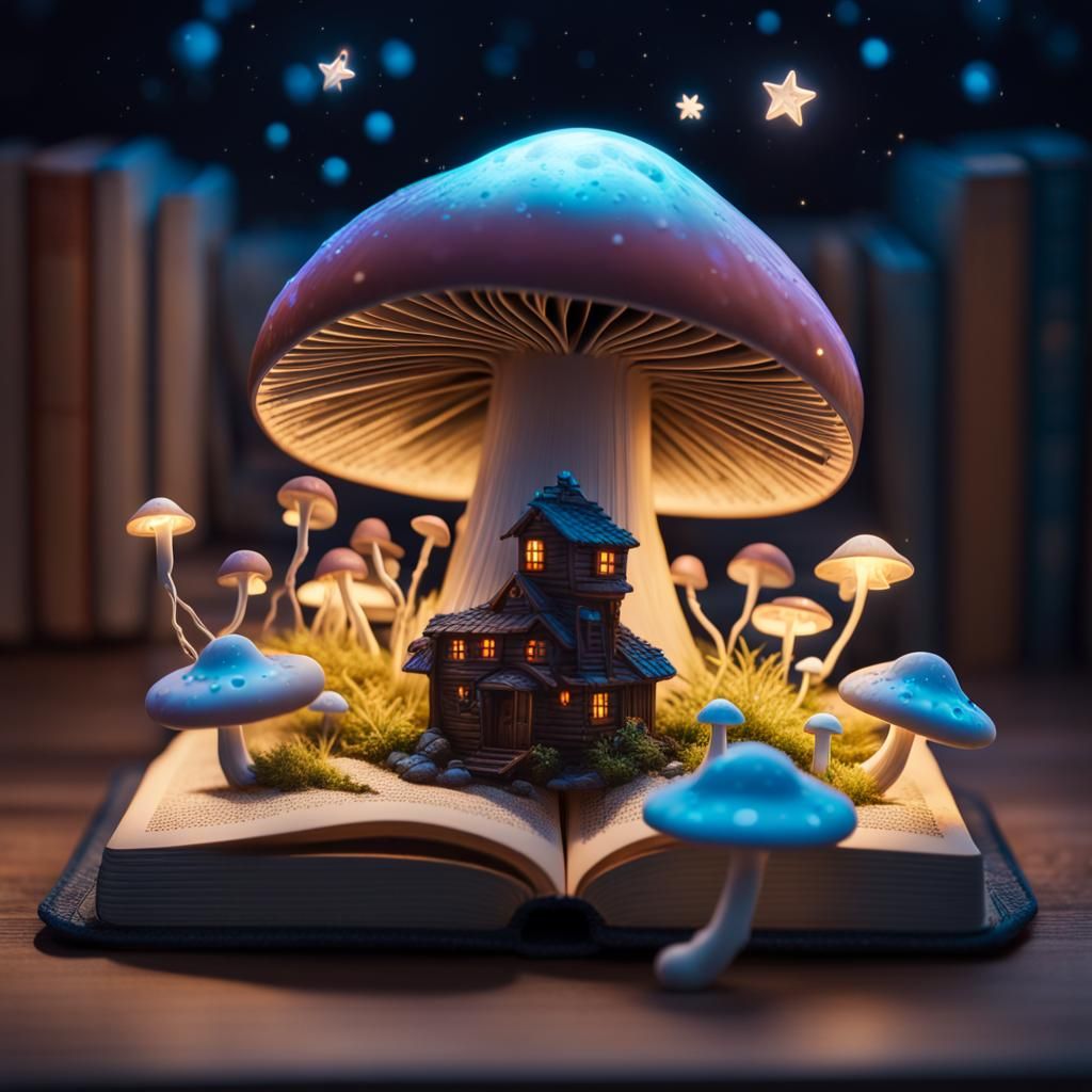 Bioluminescent Mushroom Monster Emerges from Book