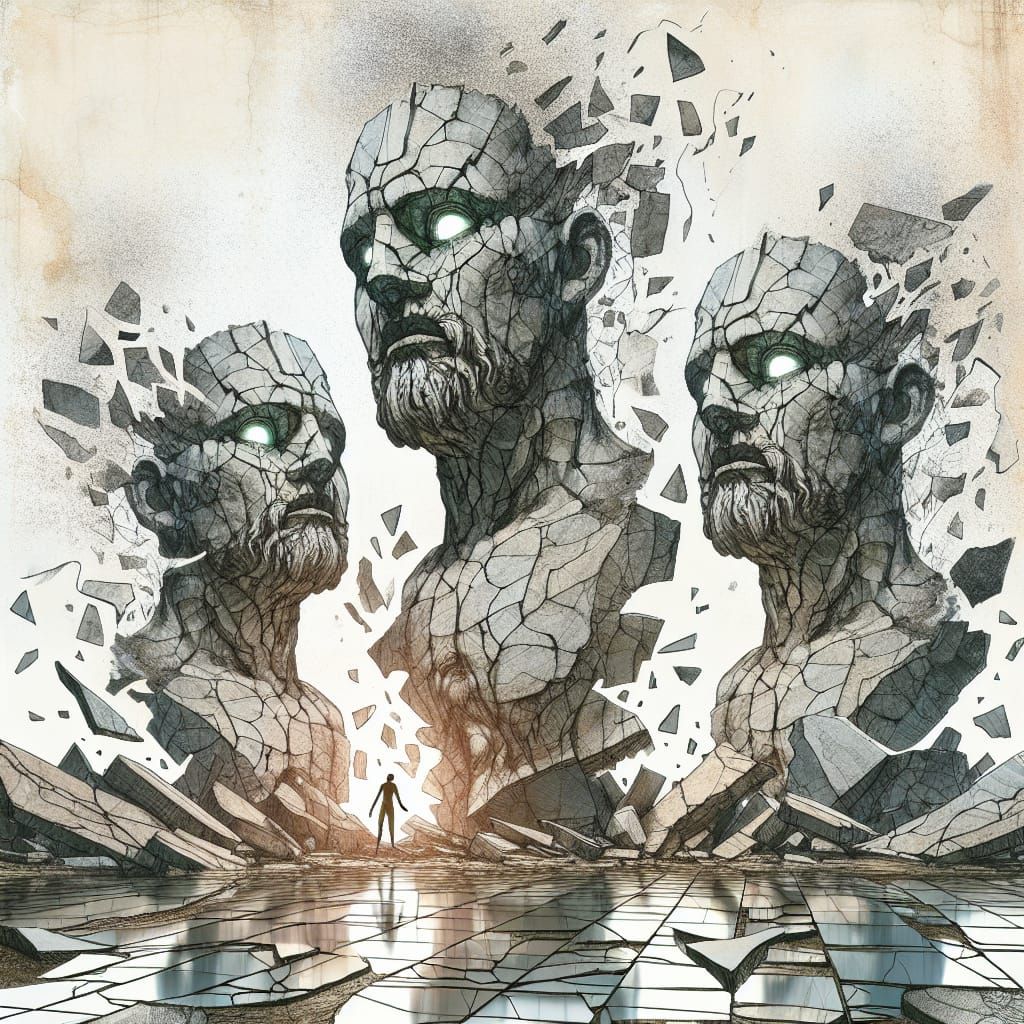 Gothic Porcelain Golem Rises Amidst Shattered Glass Ruins