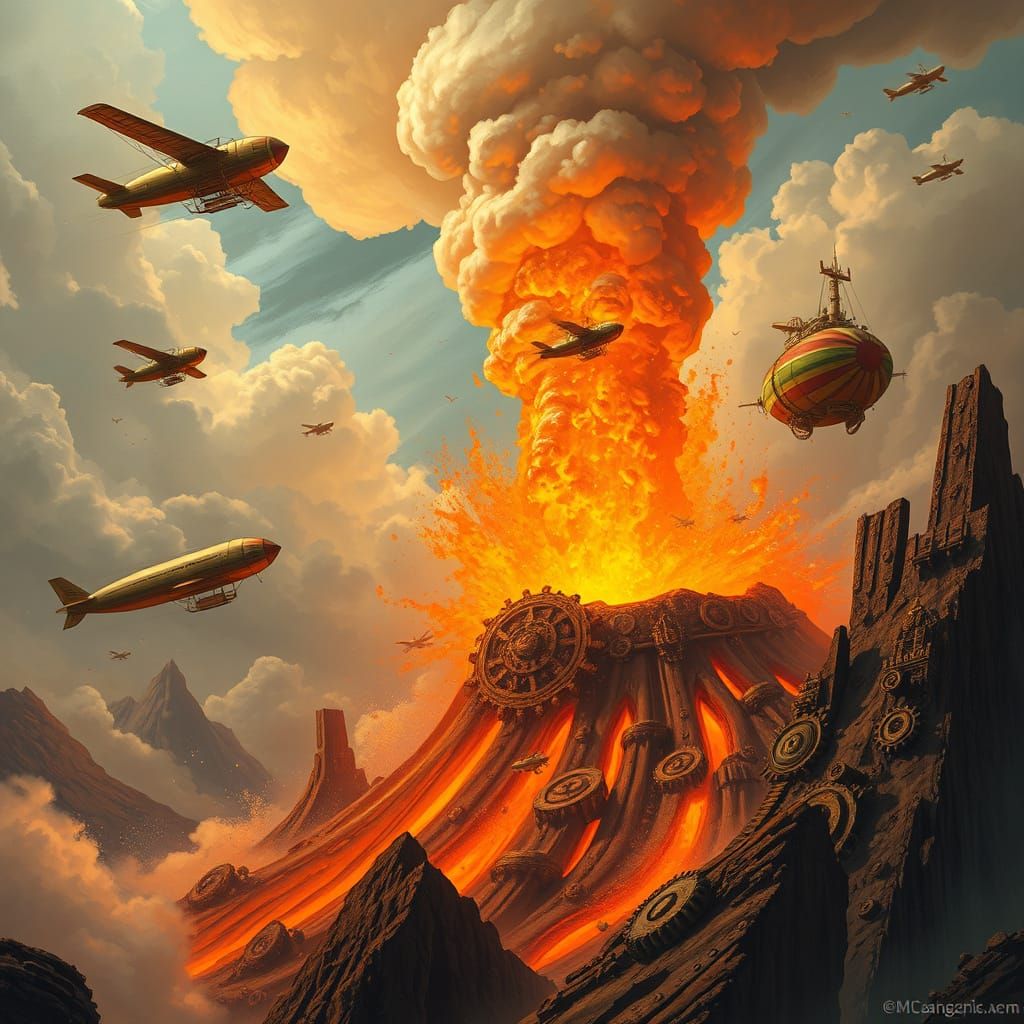 Steampunk Volcano Eruption with Airships