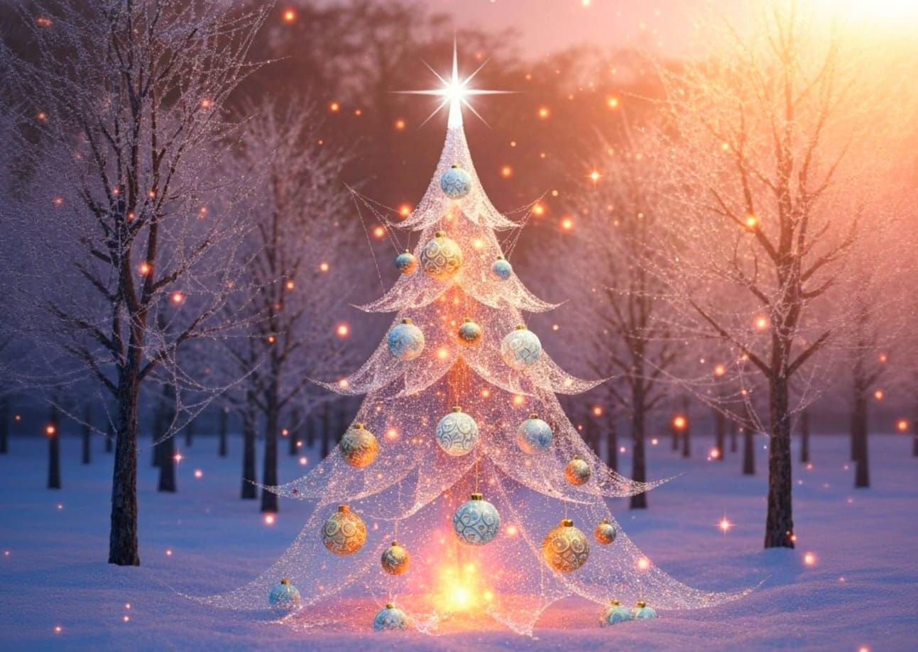 Ethereal Spiderweb Christmas Tree in Snowy Forest