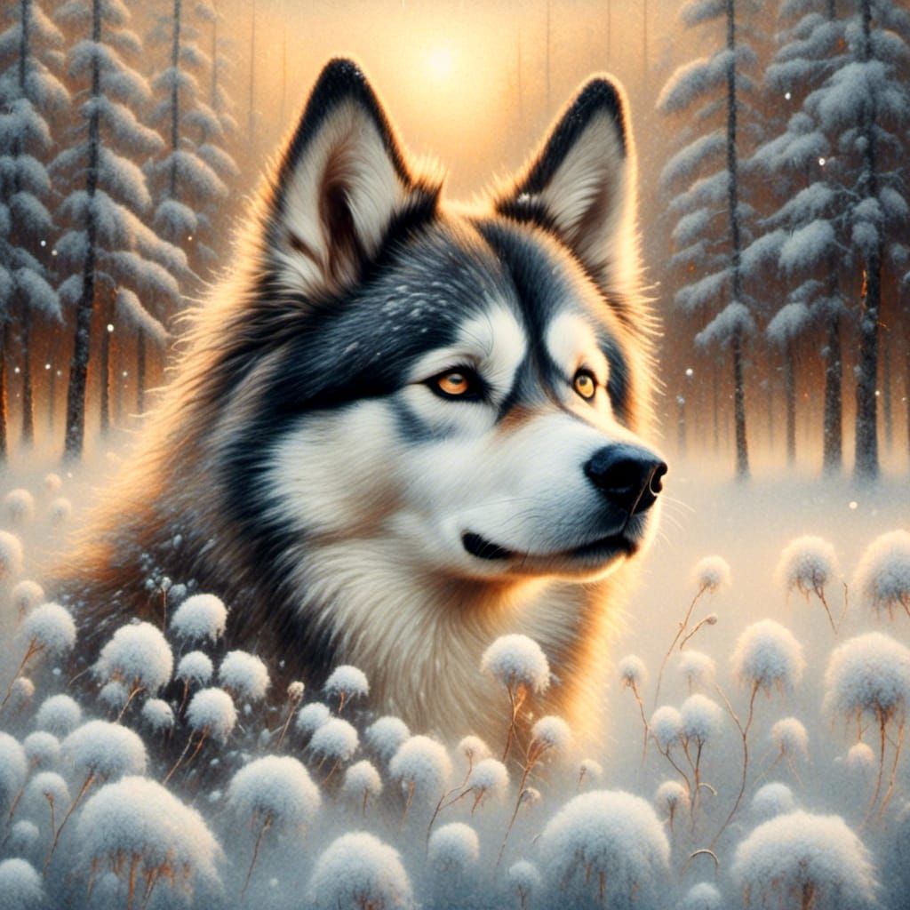 Husky in Snow, Oil Painting in Impressionist Style
