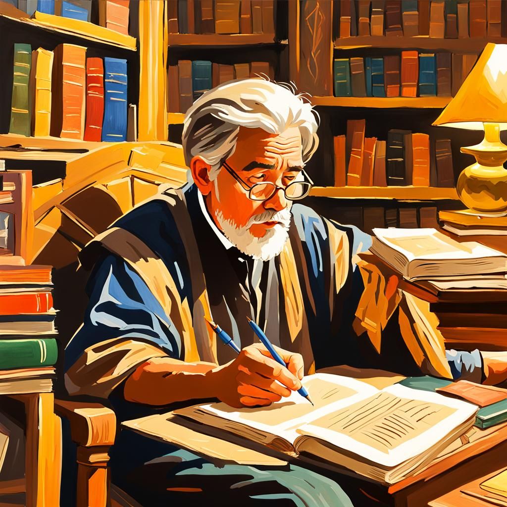 Scholar Writing in Library, Gouache Style