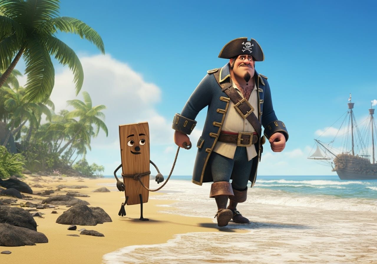 Pirate Captain Leads Wooden Board on Tropical Shore