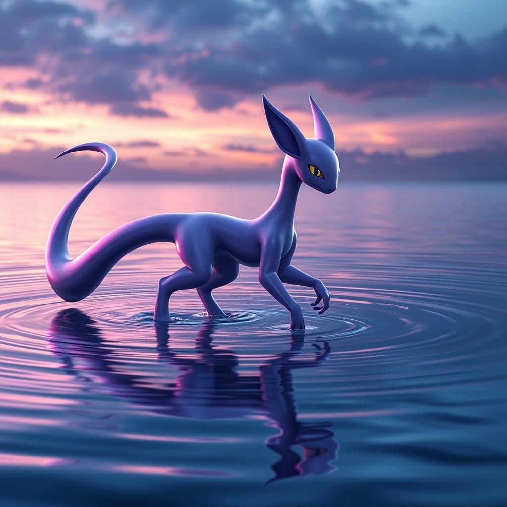 Mewtwo Walking on a Tranquil Lake at Twilight