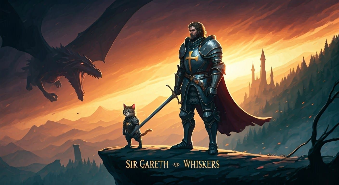 Knight and Armored Cat in Perilous Landscape