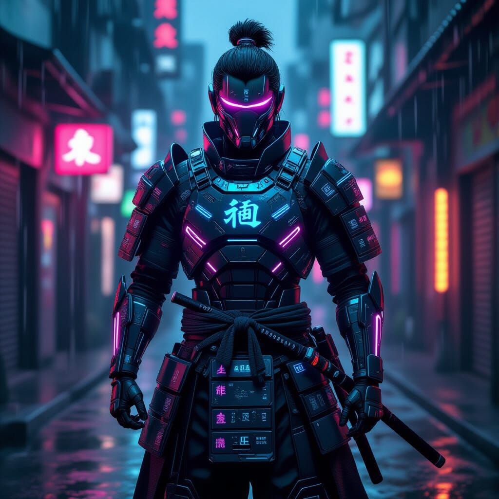 Cyberpunk Samurai in Glowing Plasma Armor