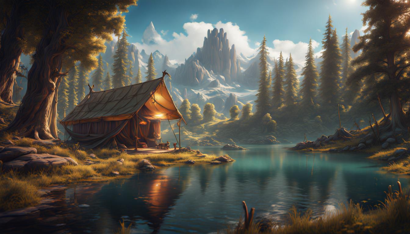Fantastical Summer Camp Lake in Detailed Digital Painting
