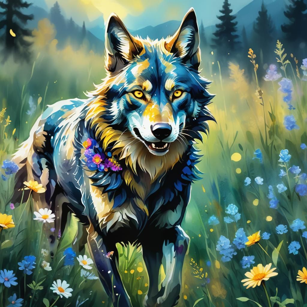 Vampire Wolf in Lush Meadow: Watercolor Digital Art