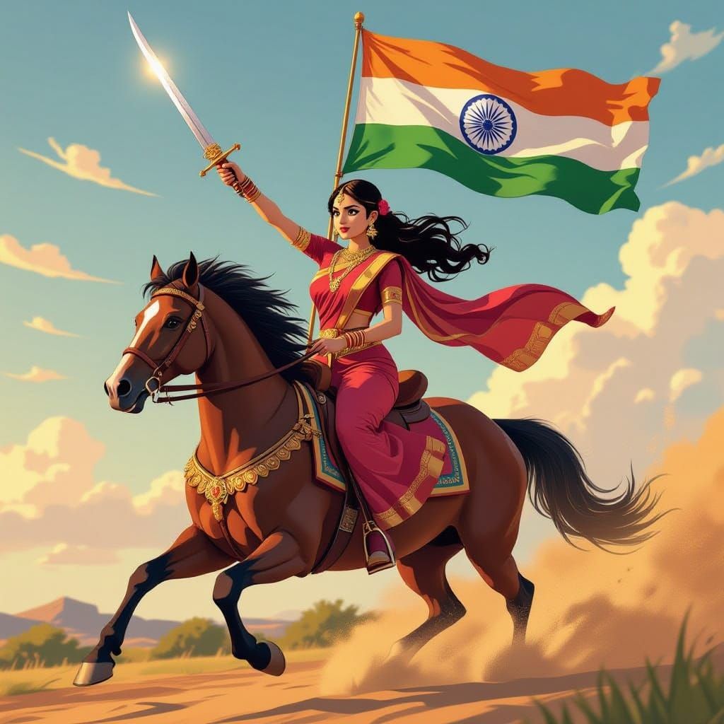 Indian Warrior Queen Rides Horse with Sword and Flag