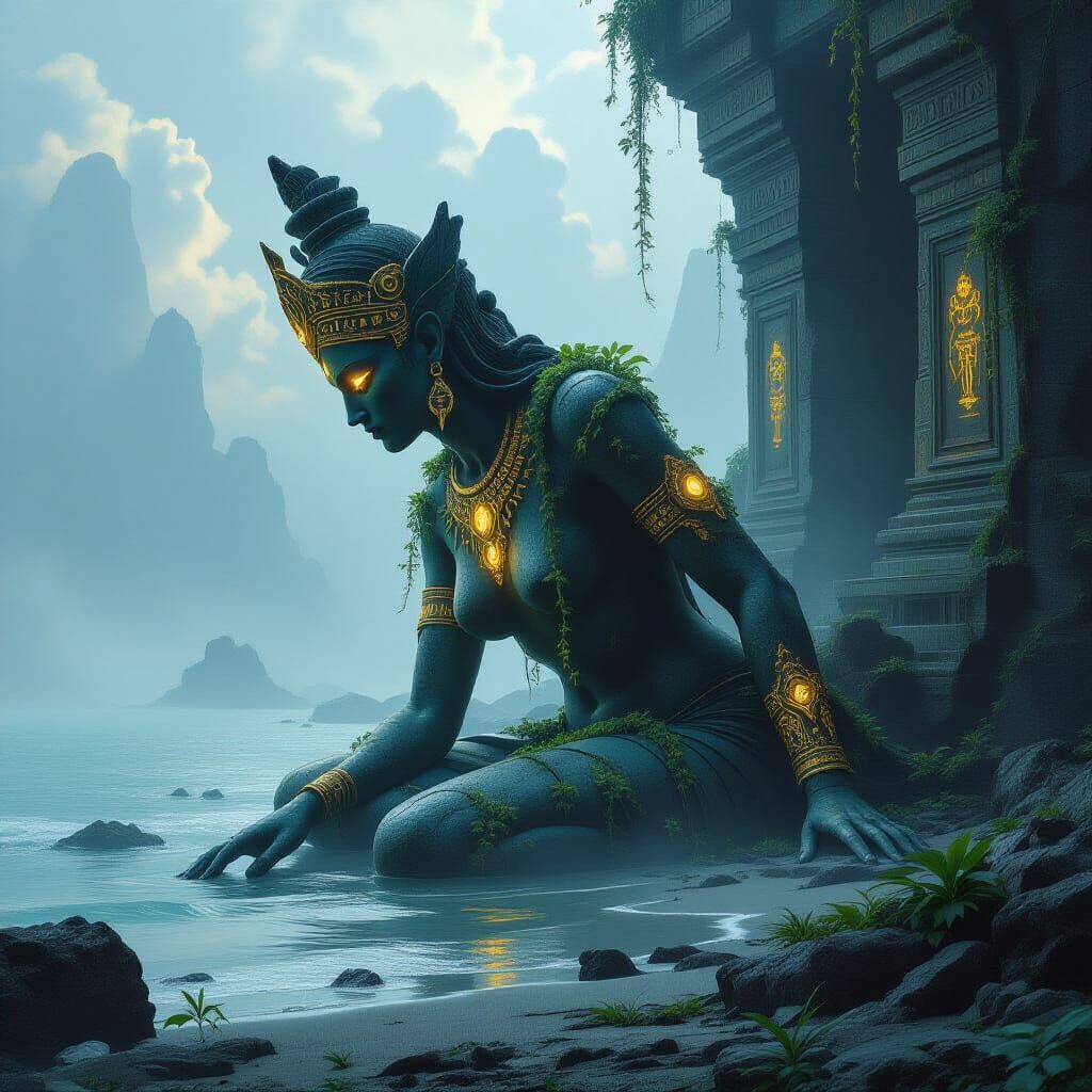 Primordial Goddess Statue Emerges from Misty Alien Coast