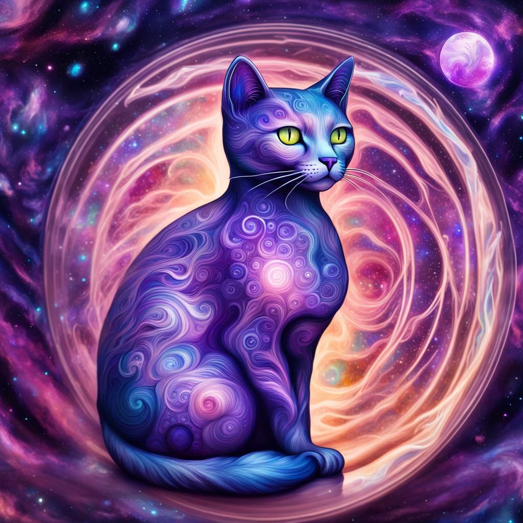 Glass Cat with Purple Galaxy, Holographic Illustration