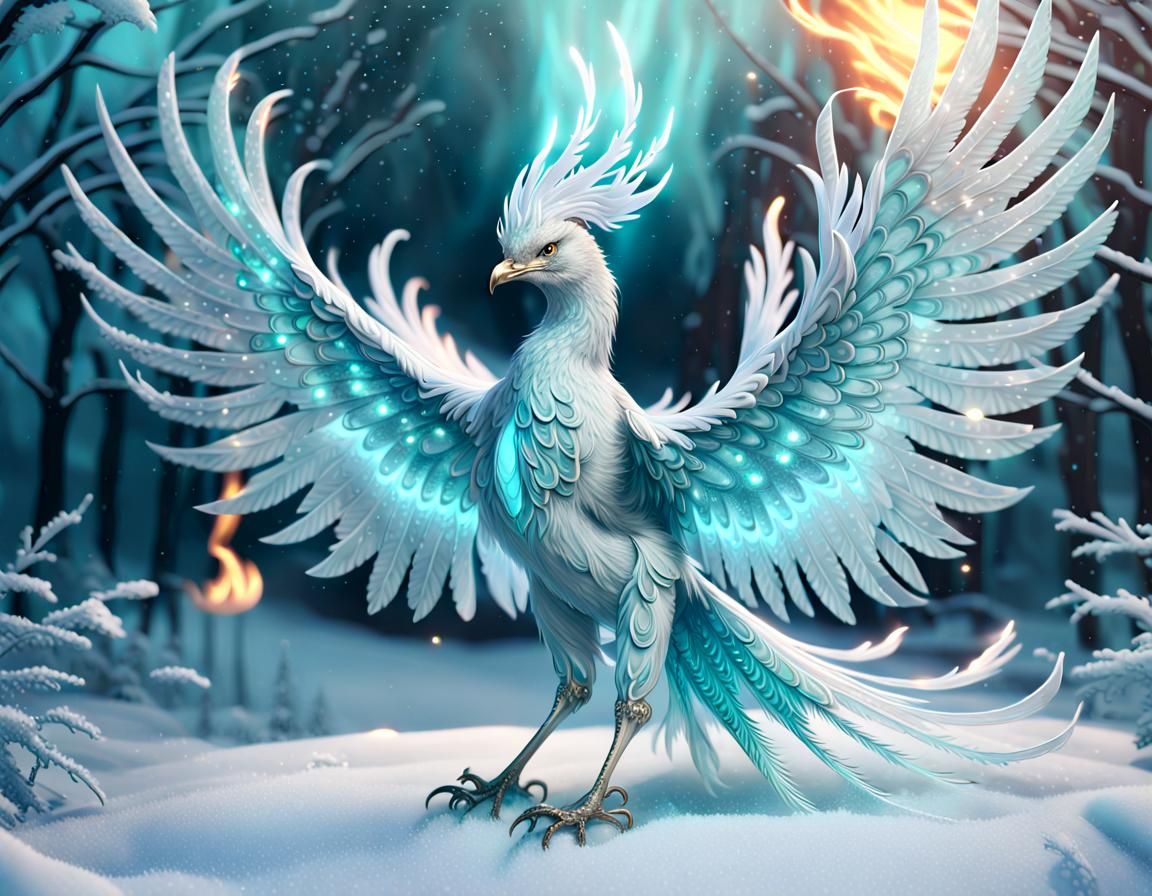 Icy Phoenix in Snowy Wonderland, Digital Art