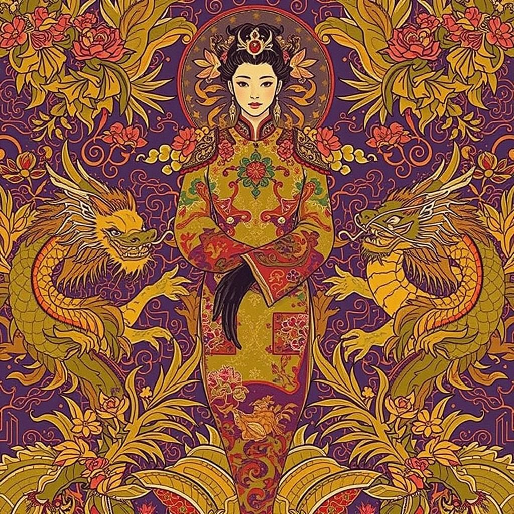 Regal Woman in Dragon Qipao, Fantasy Art