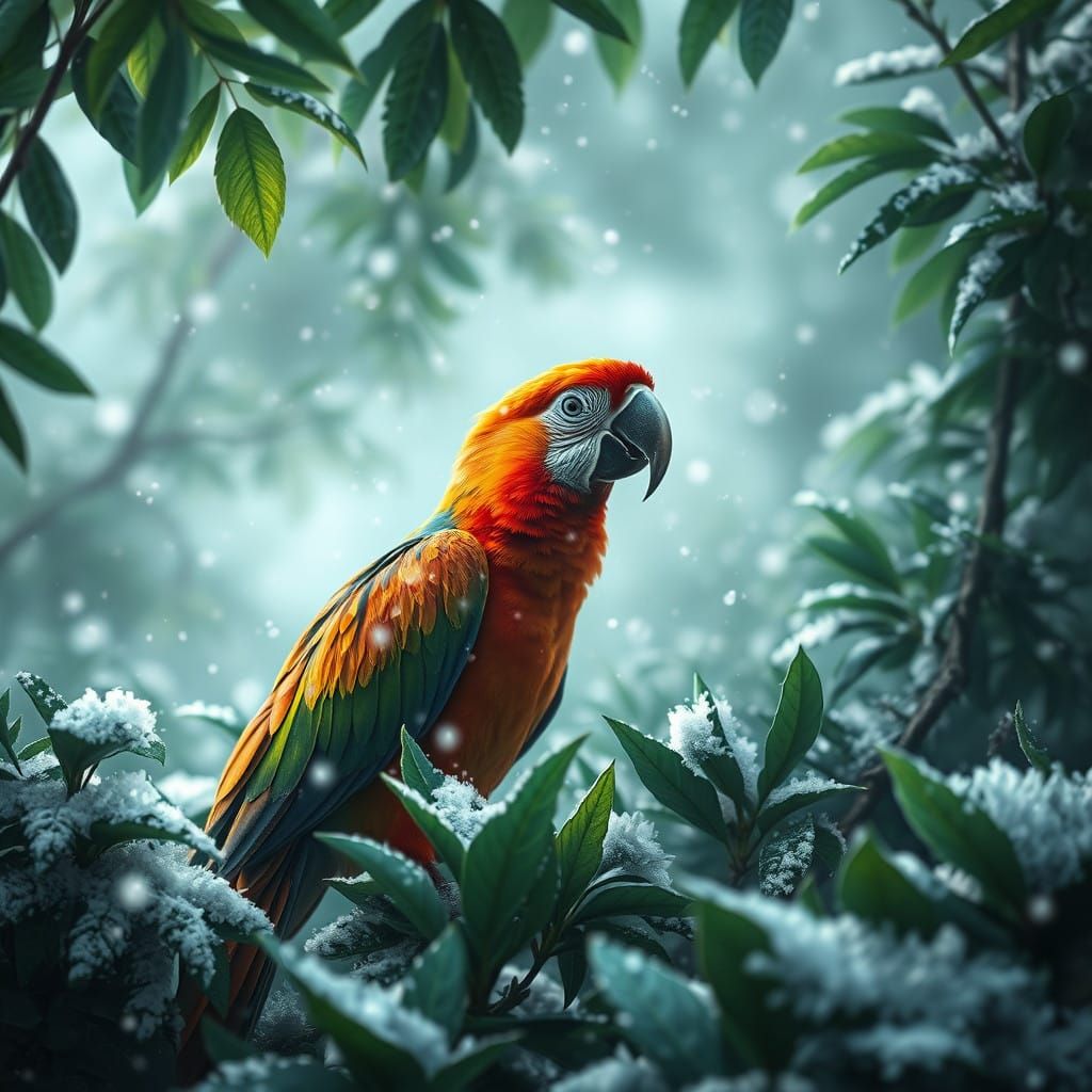 Majestic Exotic Bird Soars in a Snowy Tropic Paradise