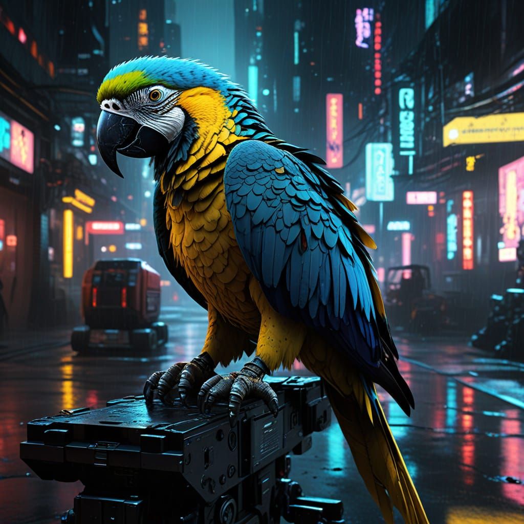 Cyberpunk Macaw on Robotic Arm in Neon Alley
