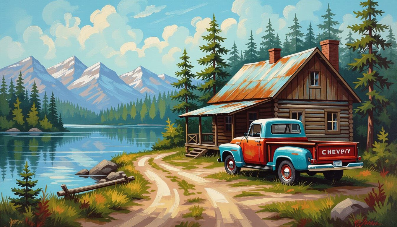 Rustic Lakeside Cabin in Bob Ross Style