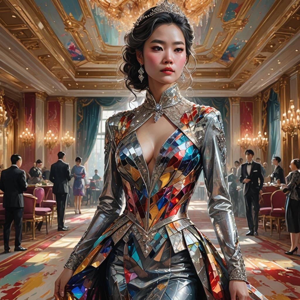 Elegant Woman in Ballroom, Hyper-Realistic Concept Art