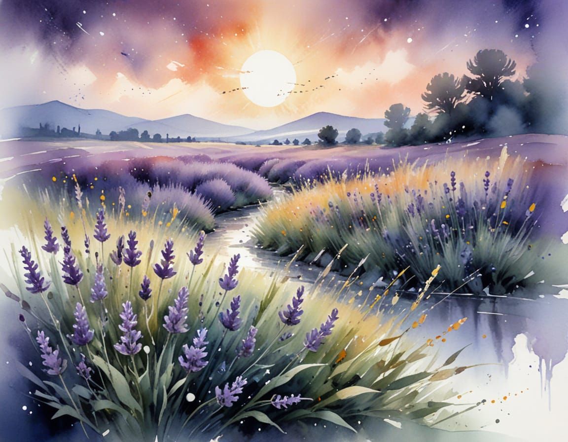 @Kosh = nice prompt :) ''Watercolor of a lavender-swept prairie shimmering in languid summer twilight, fireflies script ...