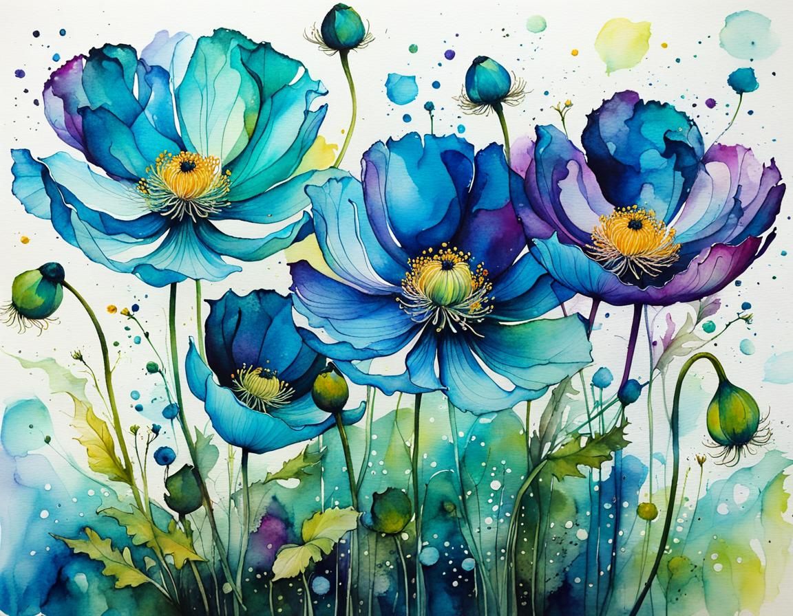 Dancing Anemone Flowers: Whimsical Alcohol Ink Illustration