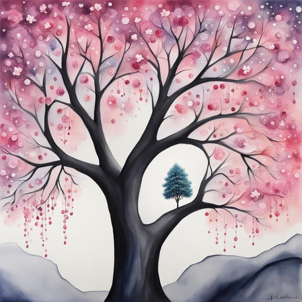 Surreal Watercolor Tree with Ethereal Pink Blossoms