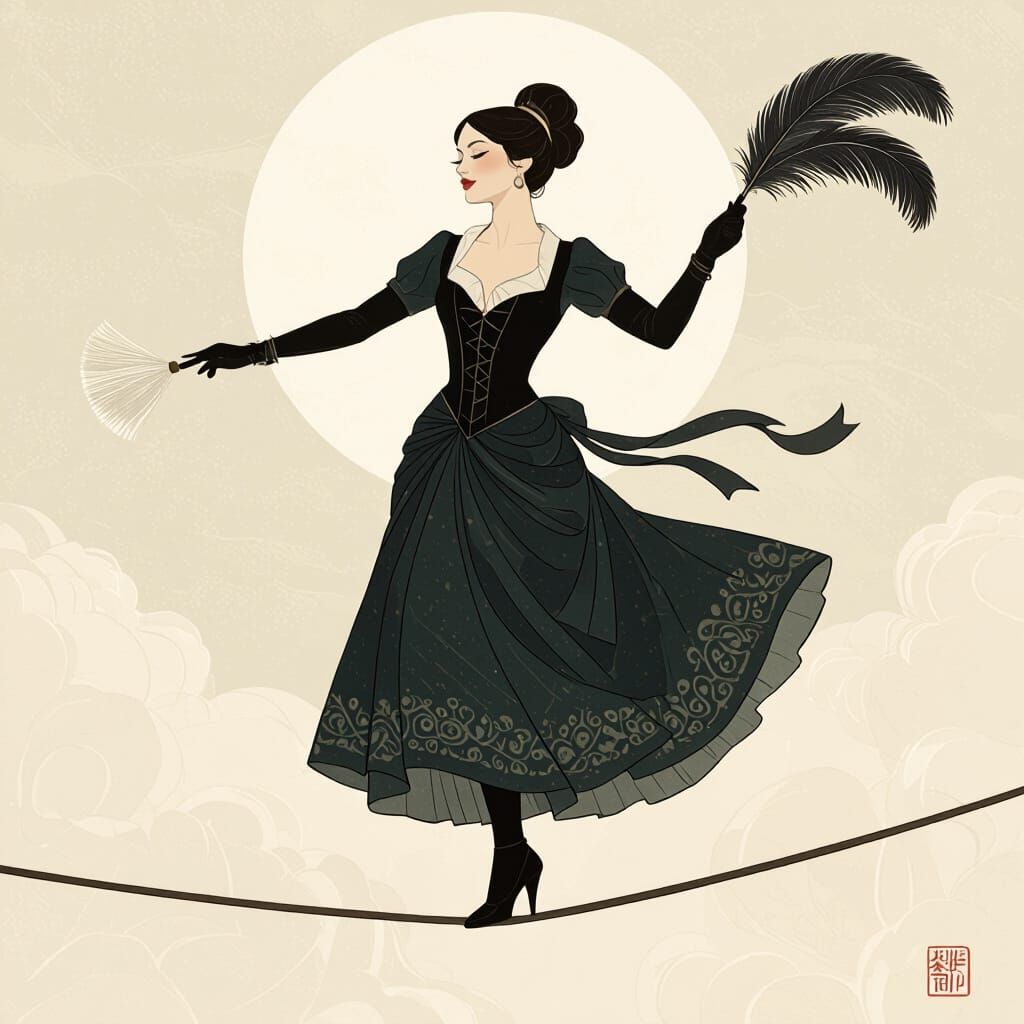 Elegant Woman Balances on Tightrope, Whimsical Art