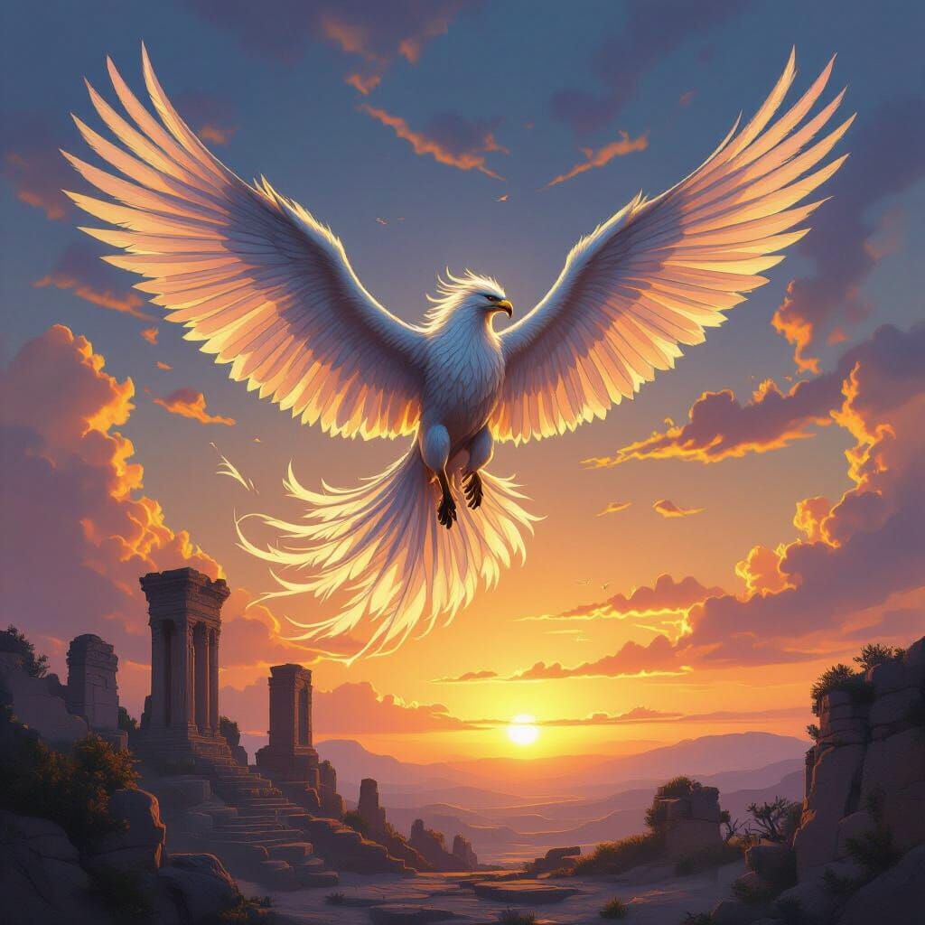 Griffin Soaring Through Twilight Sky as Fantasy Art