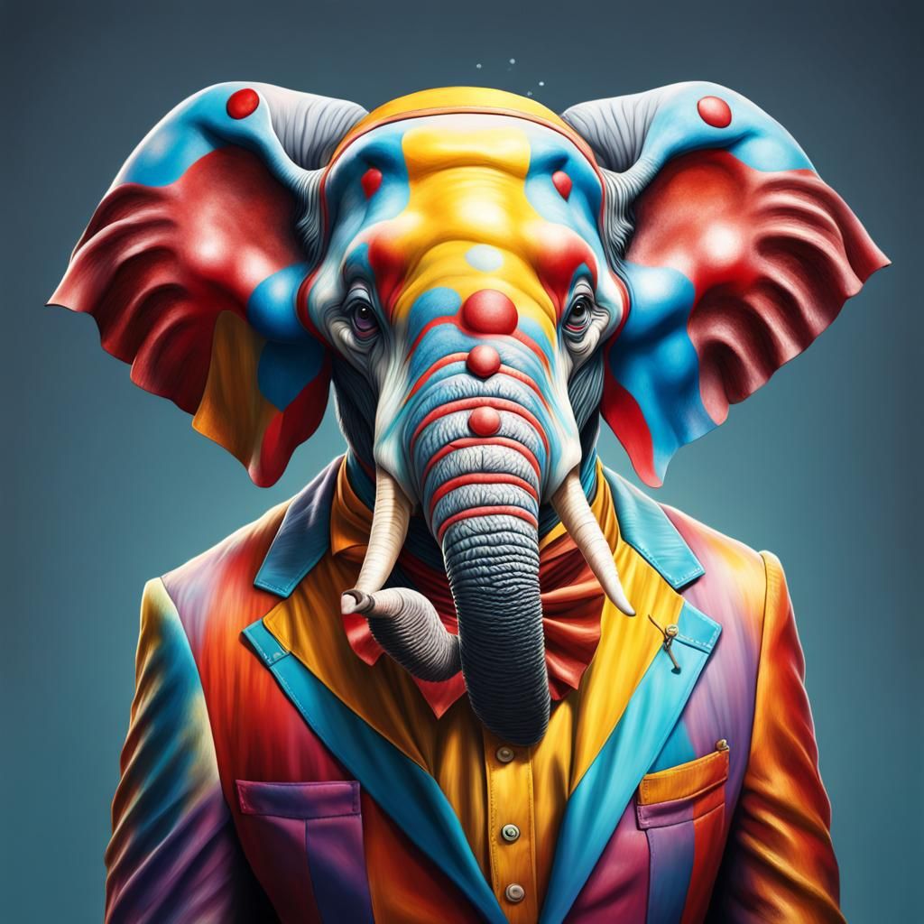 Elephant in Clown Suit: Hyperrealistic Splash Art