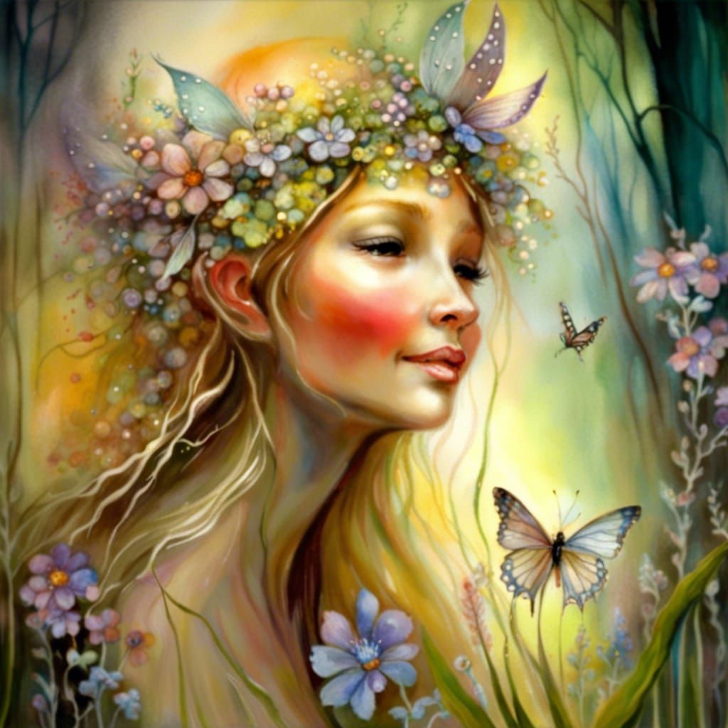 Wildflower Fairy in Lush Forest: Watercolor Fantasy
