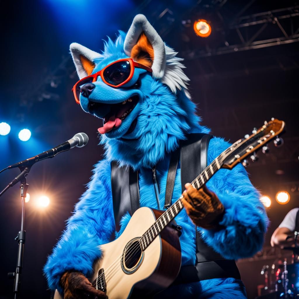 Blue Dog Fursuit Singer on Stage in Concert