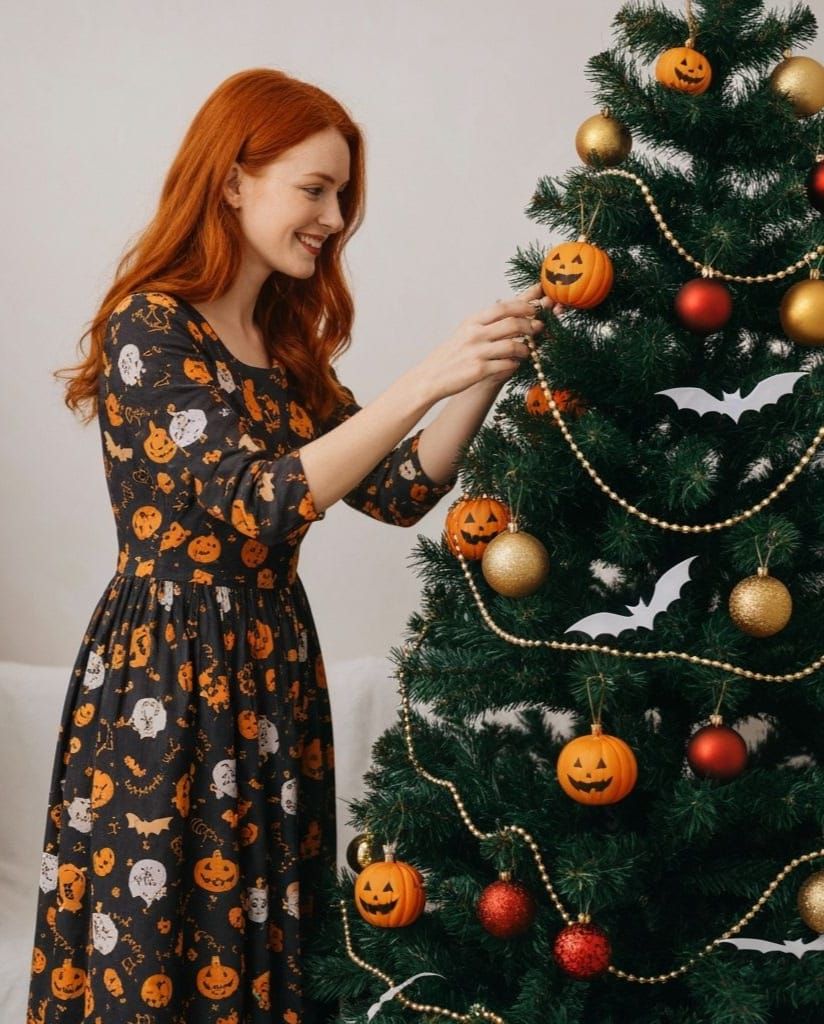Redhead Tradwife Decorates Christmas Tree With Halloween Mot...