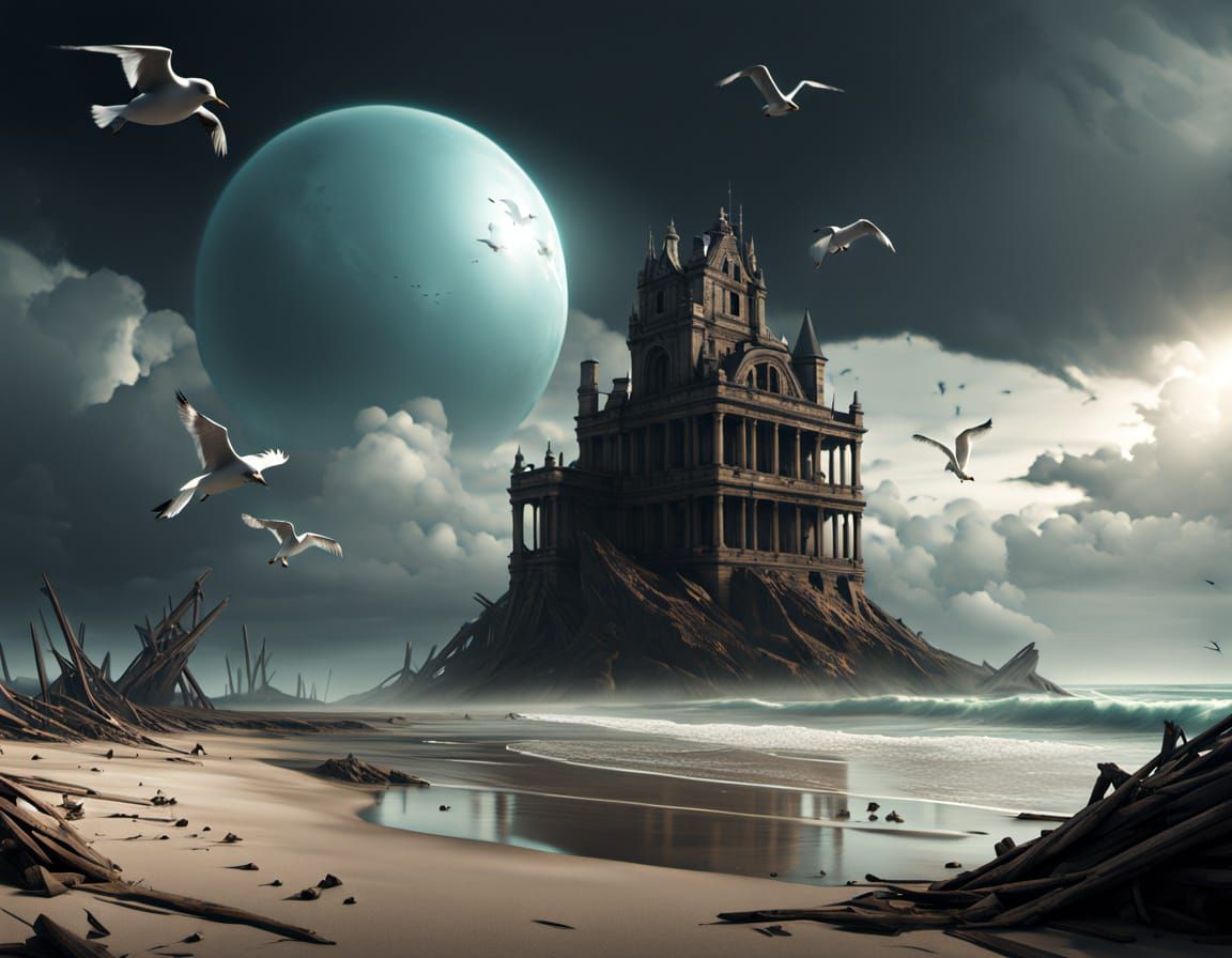 Surreal Beach Baseball Game with Mechanical Sphere and Seagu...