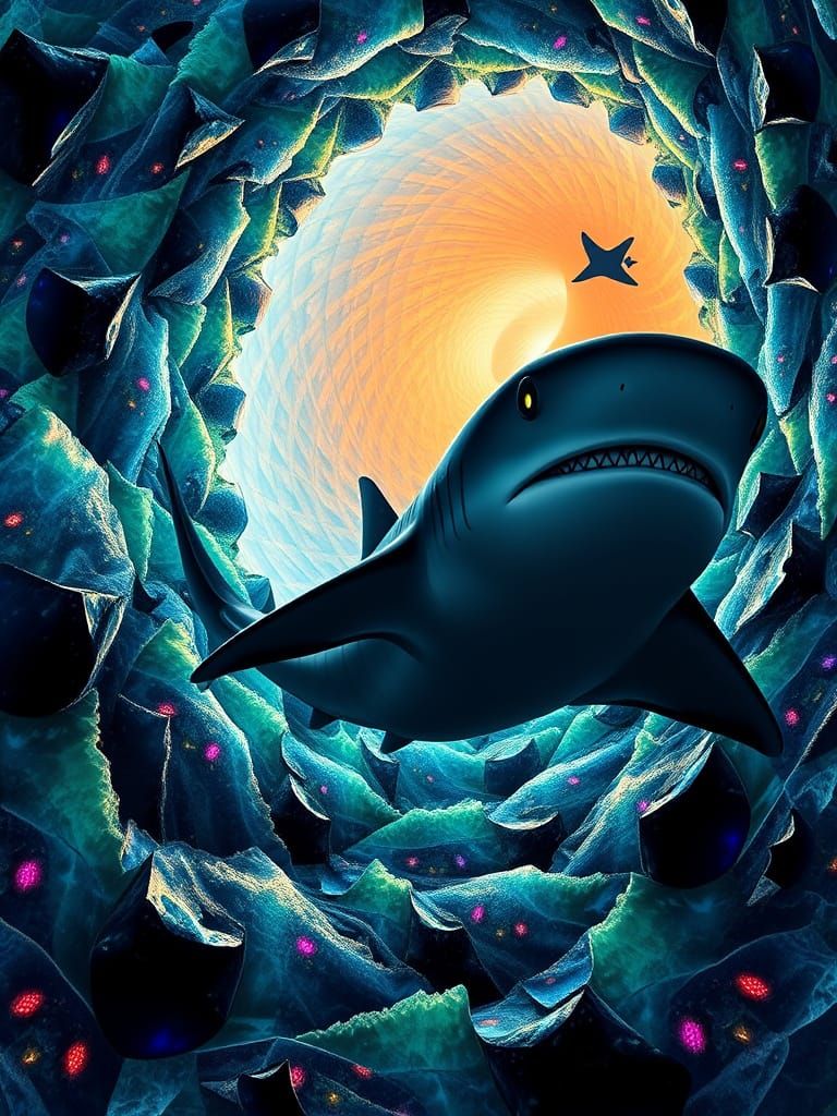 Fractal Quilt of Hammerhead Sharks and Waterspout