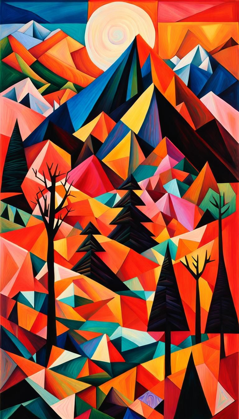 Geometric Mountain Sunset in Cubist Style