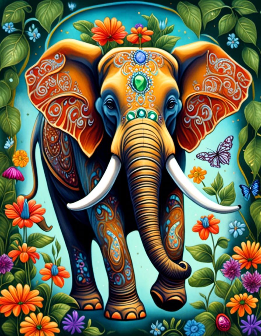 Bejeweled Elephant in a Vibrant Botanical Garden