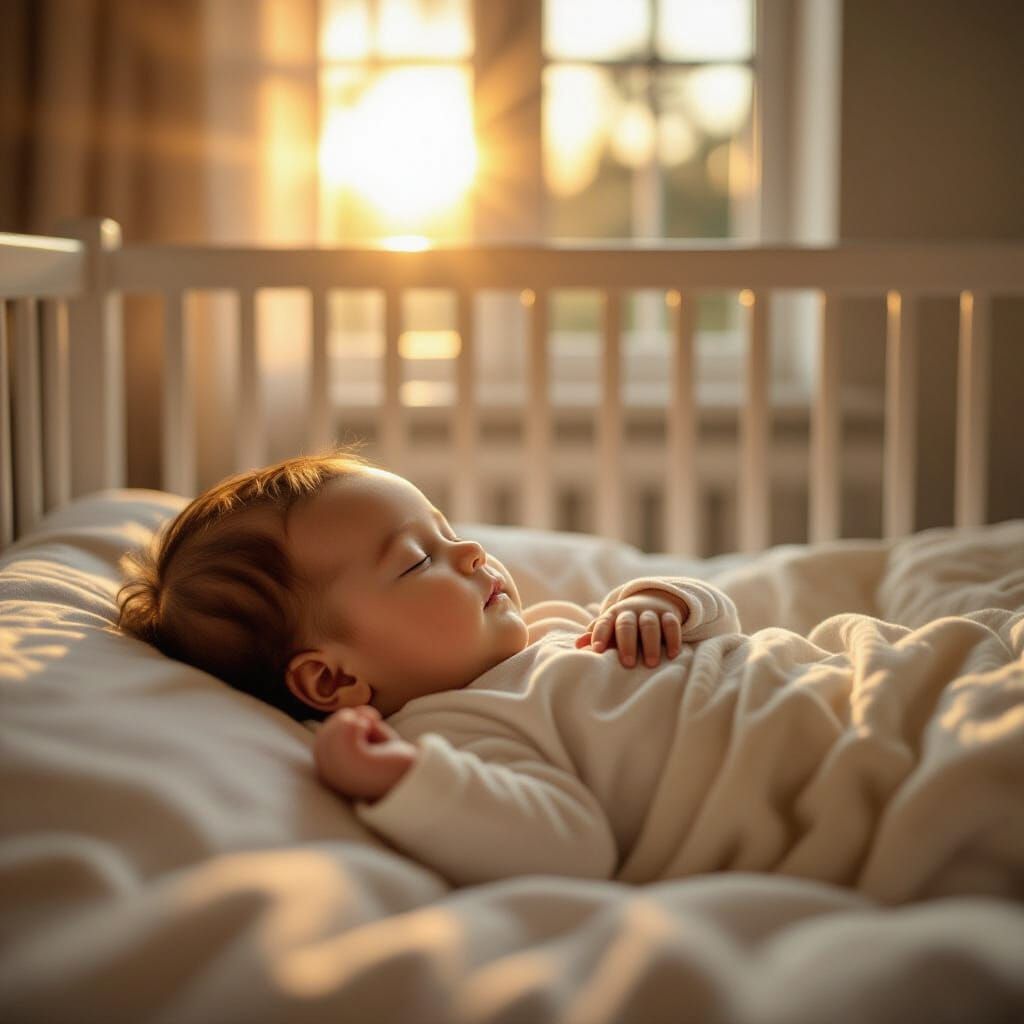 Peaceful Newborn Baby Sleeping in Golden Hour Light