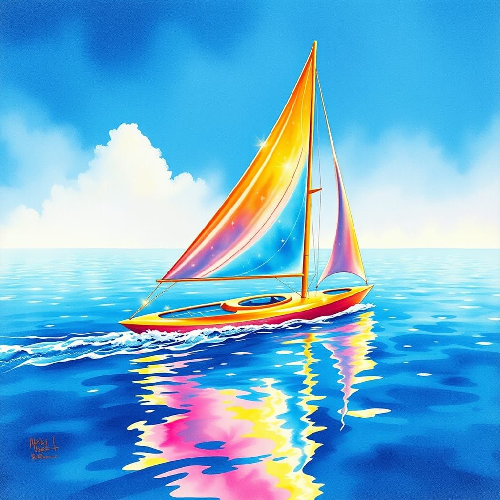 Psychedelic Solar Sailer on Water in Op Art Style