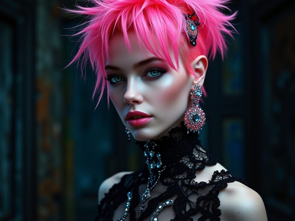 Gothic Wedding Dress in Neon Pink and Black, Cyberpunk-Inspi...