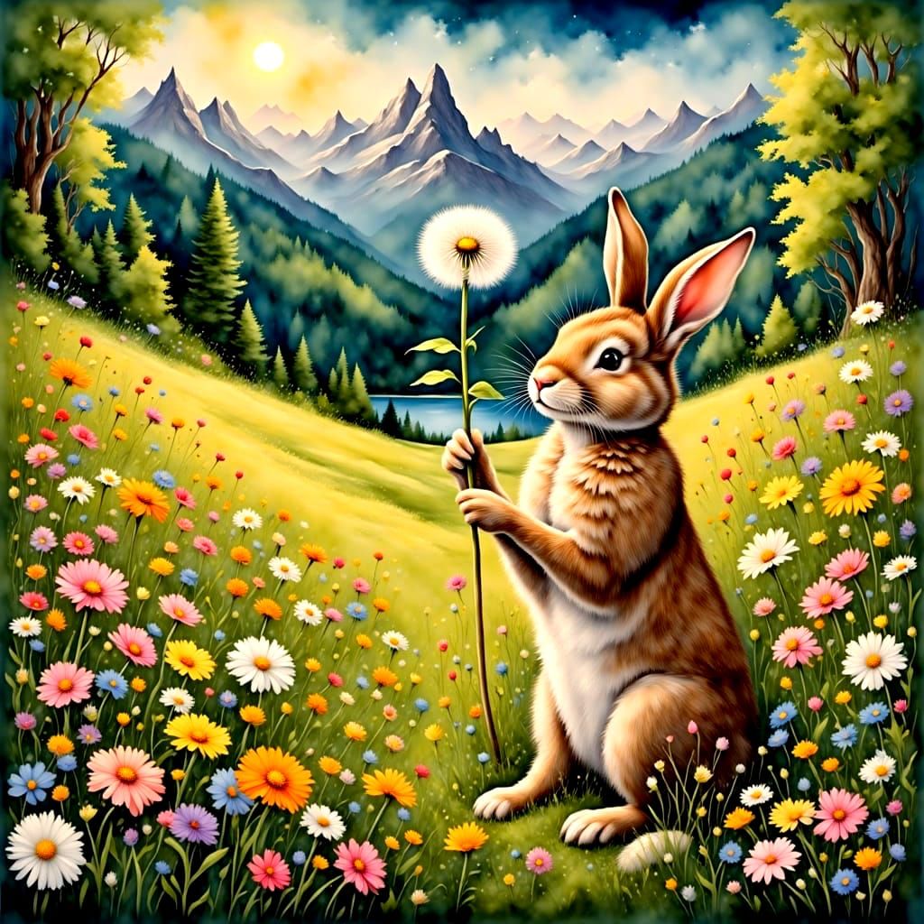 <lora:Tallbunny1-F:1.0> Rabbit, Beautiful dandelion with see...