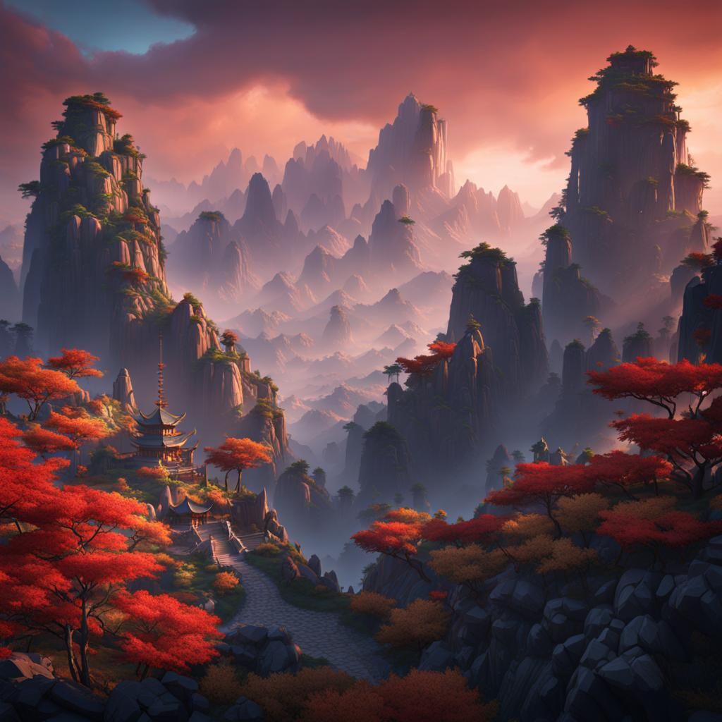 Fantastical Chinese Mountains in Detailed Matte Painting