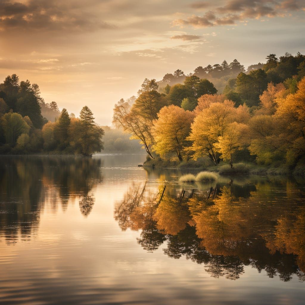 Serene Lake Surrounded by Trees in Golden Hour