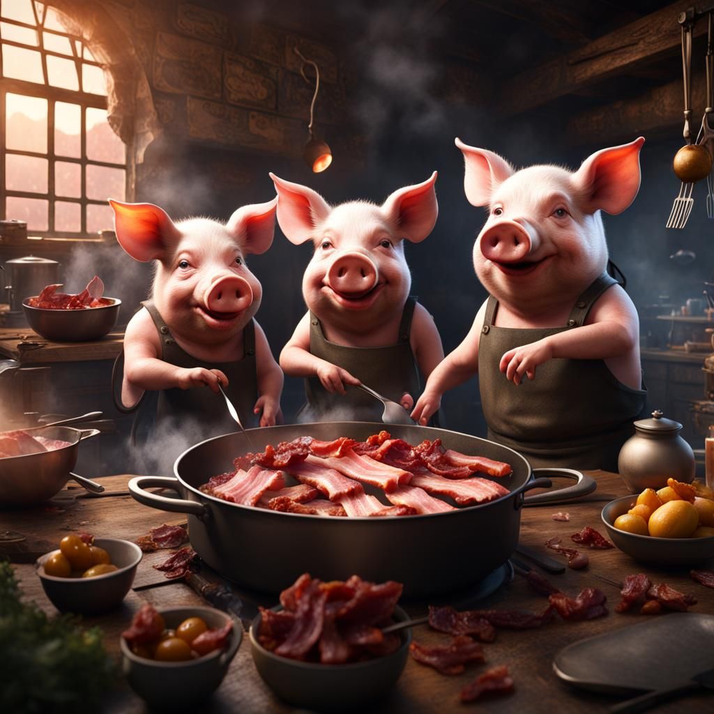 Pigs Cooking Bacon: Detailed Matte Painting